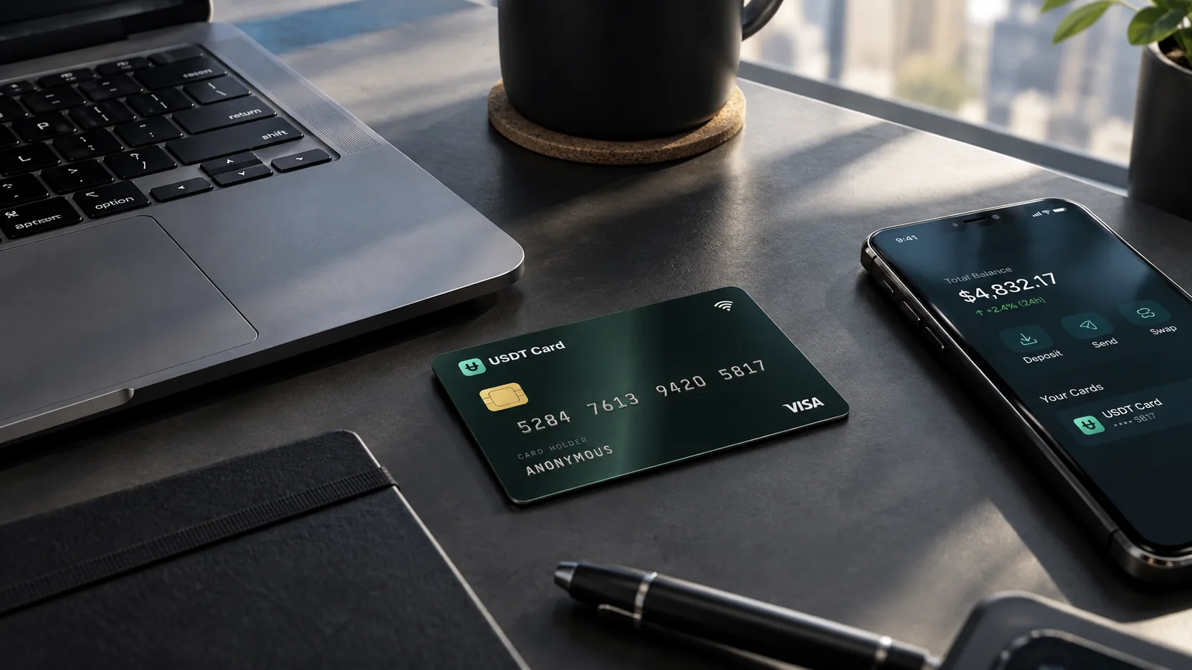A USDT Card on a desk next to a laptop and a phone showing the balance