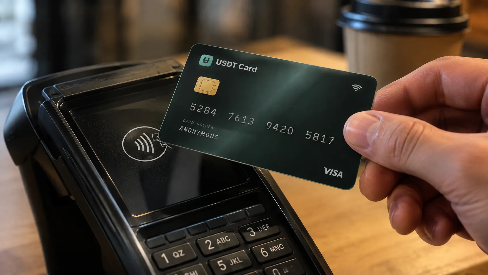 A hand paying at a card terminal with a USDT Card